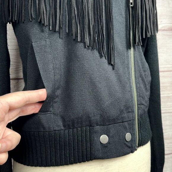 ELLA MOSS Black Lightweight Fringed Moto Jacket Knit Sleeves and Back size S - Picture 8 of 14